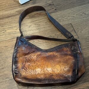 Embossed Floral Leather Shoulder Bag in Brown